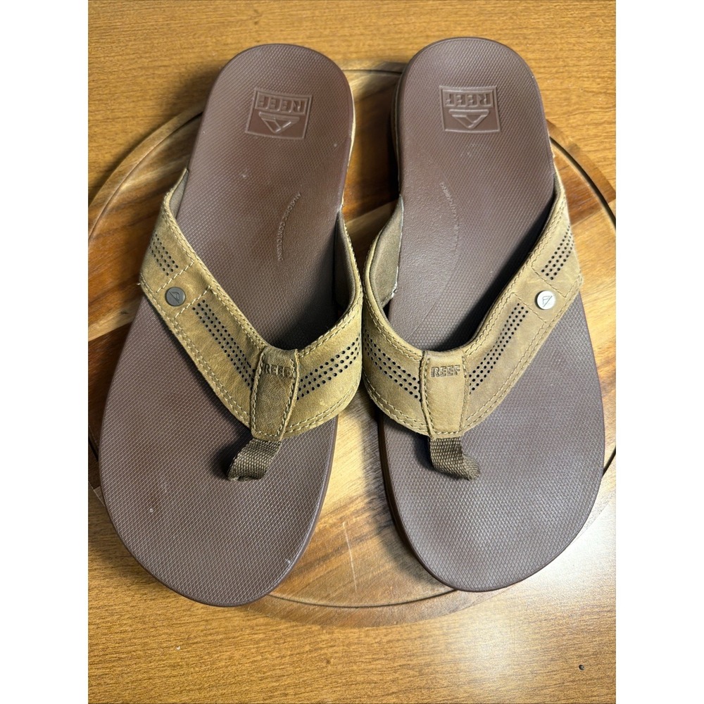 Reef Mens Cushion Spring Lux Flip Flops Brown Leather Sandals Size 12